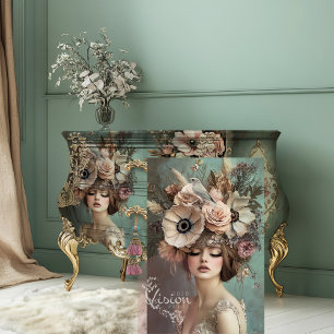 Papel De Seda Charme Vintage, Retrato de Flapper com Pássaro e F