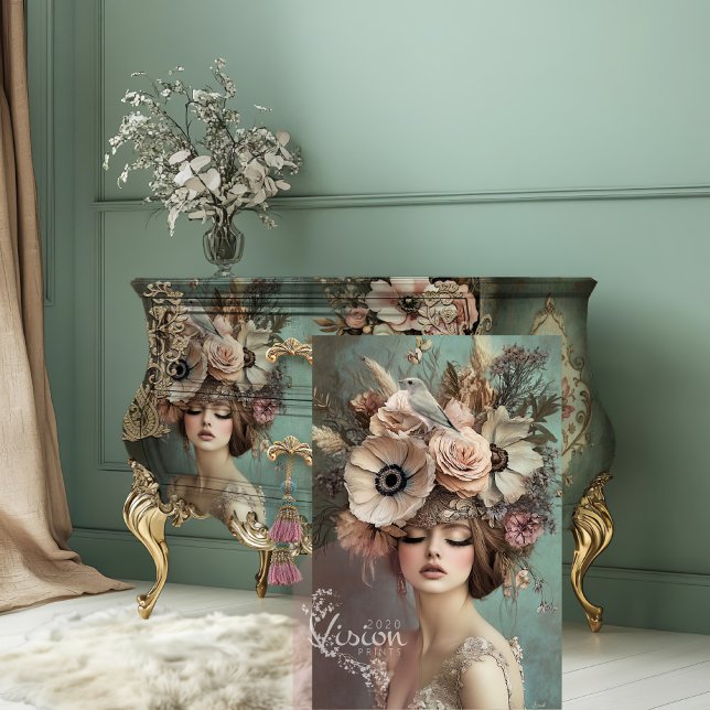 Papel De Seda Charme Vintage, Retrato de Flapper com Pássaro e F (Vintage Allure, Flapper Beauty, Bird & Floral Adorned Woman Portrait Art, Decoupage Tissue Paper.)
