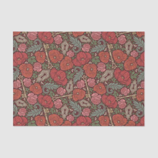 Papel De Seda Chave Velha Steampunk Vitoriana com Papoulas Verme (Frente )