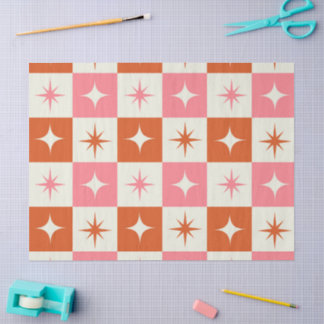 Papel De Seda Checkered Mid Century Atomic Stars Pink Orange 