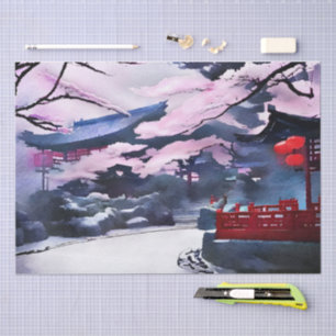 Papel De Seda Cherry Blossoms Fora Da Pagoda
