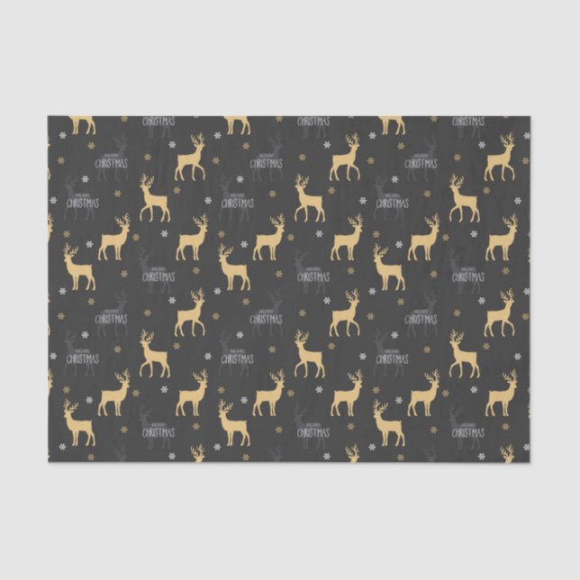 Papel De Seda Chic Black Dourado Reindeer Feliz Natal (Frente )