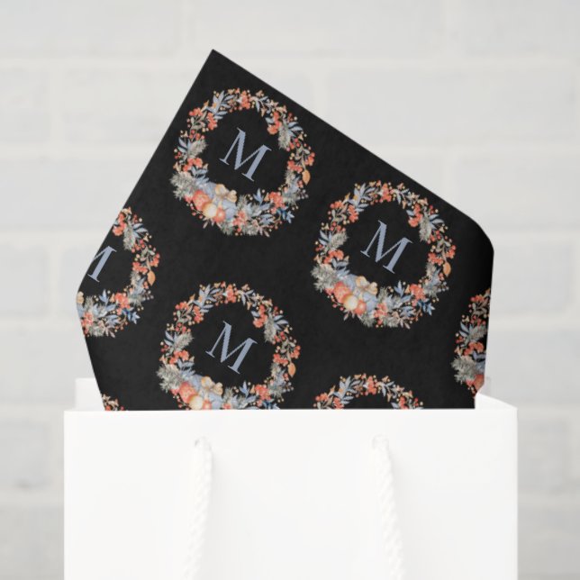 Papel De Seda Chic Black Elegant Monogram Wreath Christmas (Sacola de presentes)