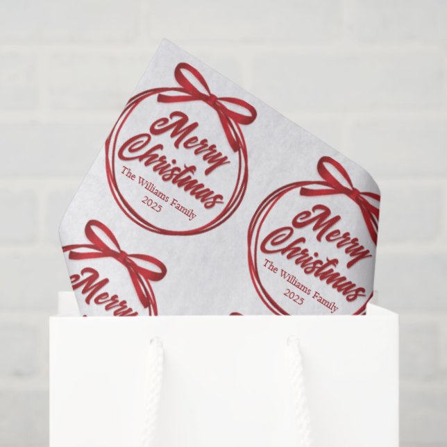 Papel De Seda Chic Merry Christmas Script Red Ribbon Bow (Sacola de presentes)