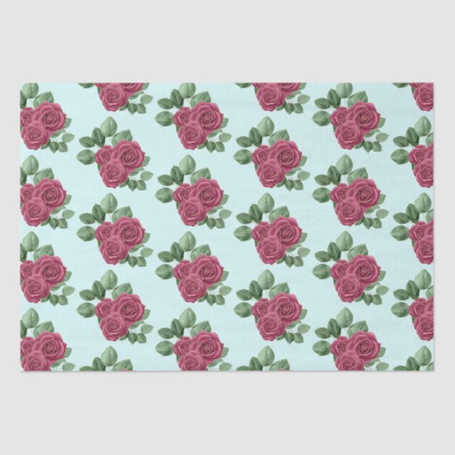 Papel De Seda Chic Mint Burgundy Rosas Dourados Folhas de Casame (Frente )