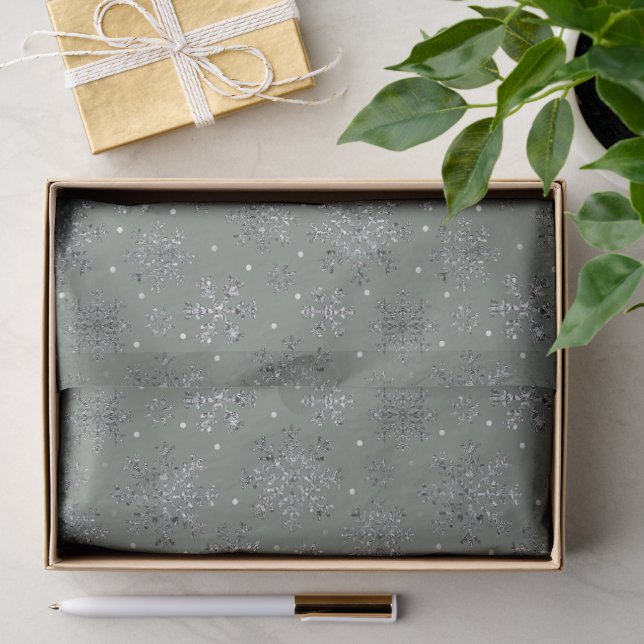 Papel De Seda Chic Sage Christmas com flocos de neve elegantes (Presente)