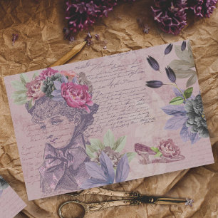 Papel De Seda Chic Vintage Mulher Moda Florais e Escrita Manual
