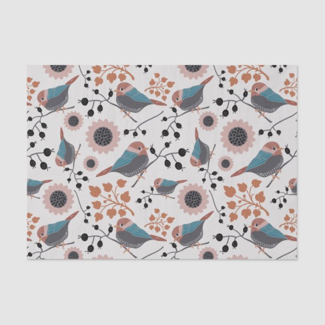 Papel De Seda Chickadee Bird E Berry Pattern Floral Design (Frente )