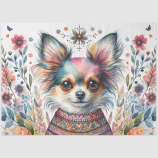 Papel De Seda Chihuahua Caprichoso em Aquarela Floral Boho