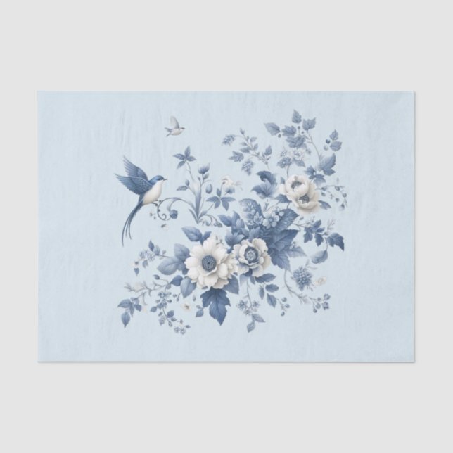 Papel de Seda Chinês Floral e Pássaro Azul (Frente )