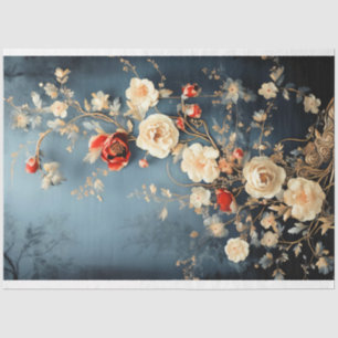 Papel De Seda Chinoiserie Azul Meia-Noite, Florais Sombrios e Es