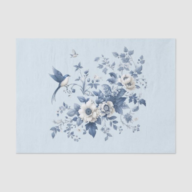 Papel De Seda Chinoiserie Bird e Floral Blue (Frente )