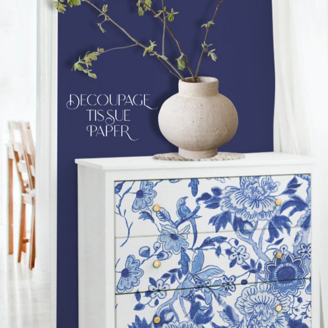 Papel De Seda Chinoiserie Bird Floral Blue e White Decoupage (Criador carregado)