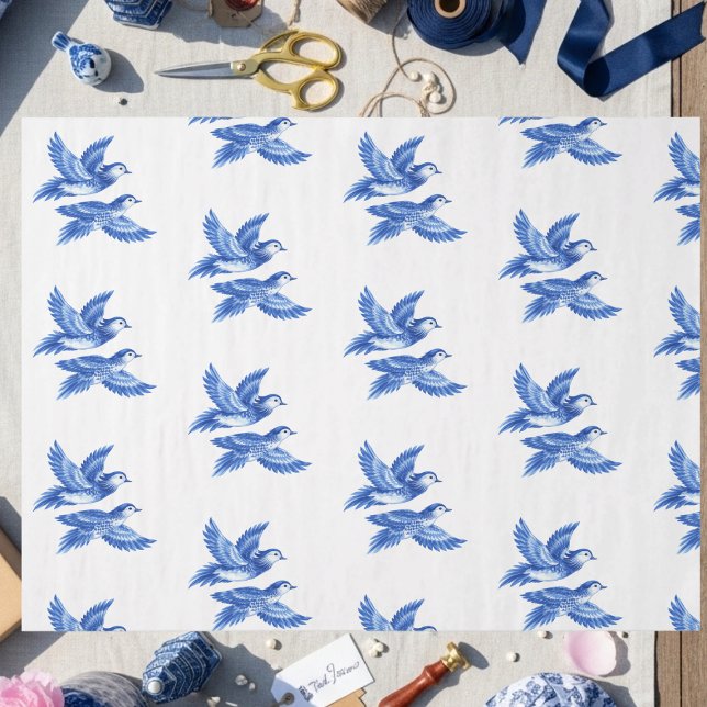 Papel De Seda Chinoiserie Blue Willow Asain lovebirds (Chinoiserie Blue Willow Asain lovebirds Tissue Paper)