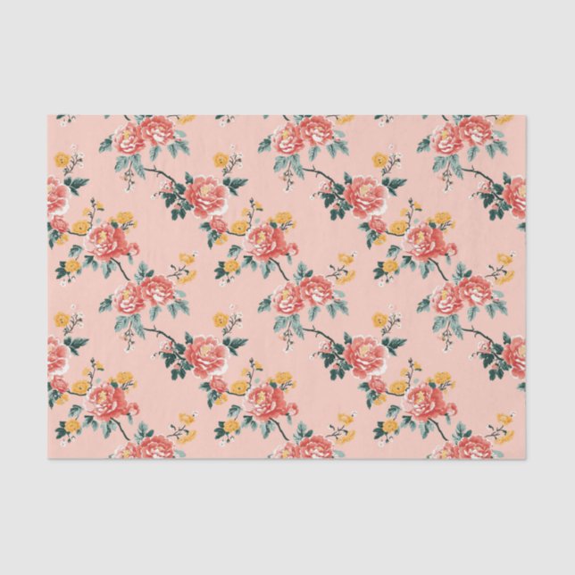 Papel De Seda Chinoiserie cor-de-rosa pálido Floral (Frente )