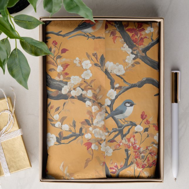 Papel De Seda Chinoiserie de Pássaros Florais Laranja de Outono (Criador carregado)