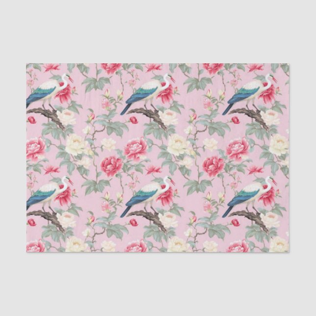Papel De Seda Chinoiserie Egret Floral Rosa Rosa (Frente )