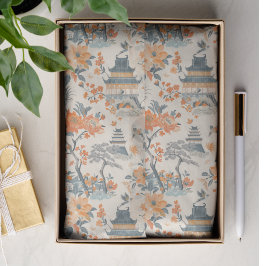 Papel De Seda Chinoiserie Floral Casa Laranja Creme