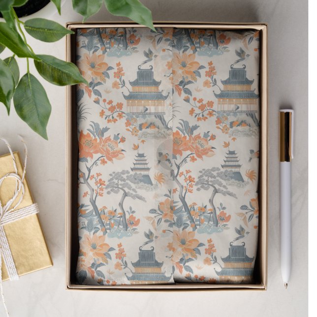 Papel De Seda Chinoiserie Floral Casa Laranja Creme (Criador carregado)