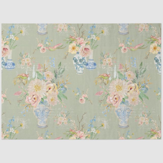 Papel De Seda Chinoiserie Floral Vases Peony Sage Decoupage (Frente )