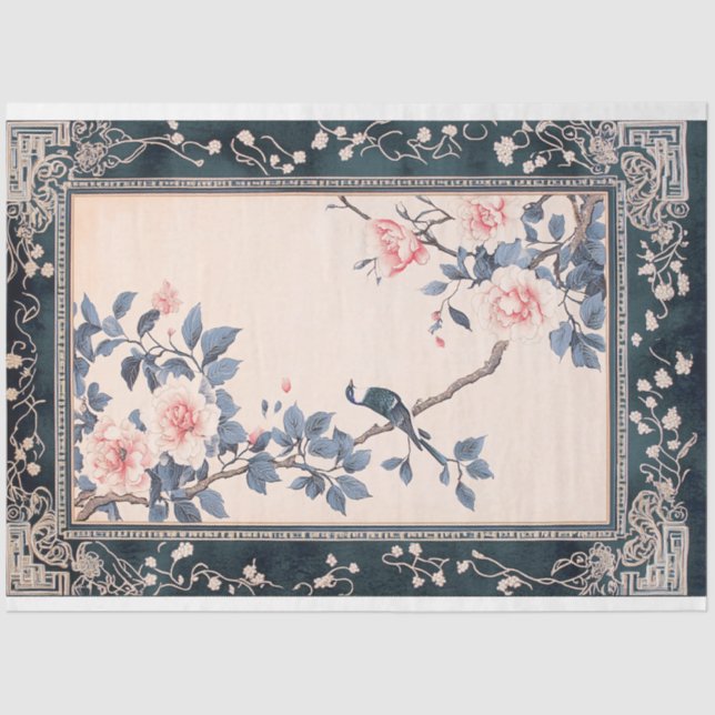 Papel De Seda Chinoiserie Oriental Bird Art e fronteira padroniz (Frente )