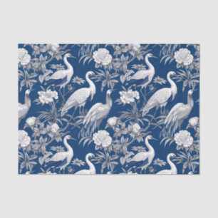 Papel De Seda Chinoiserie Pássaros Brancos Azuis Pintura