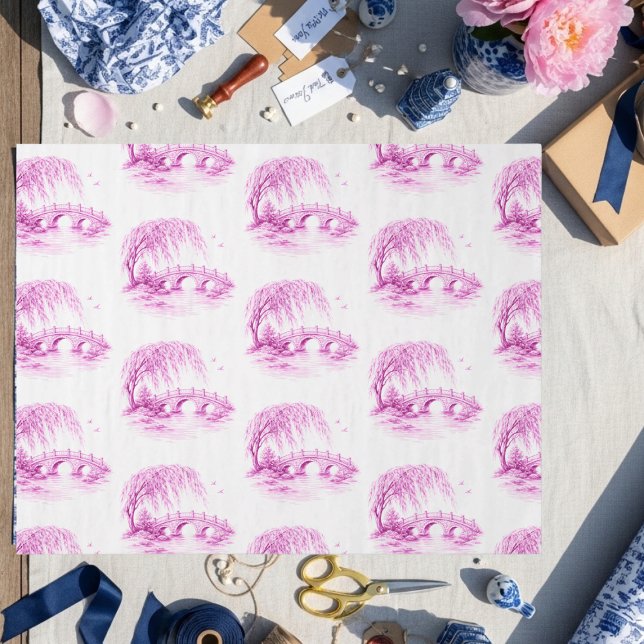 Papel De Seda Chinoiserie Ponte de Água do Salgueiro Rosa (Chinoiserie Pink Willow Water Bridge Tissue Paper)