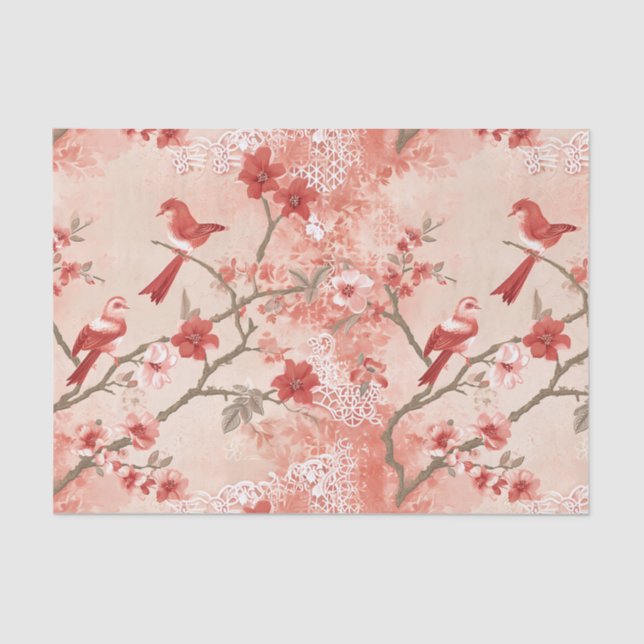 Papel De Seda Chinoiserie Red Bird Asiática Flores Rosa Decoupag (Frente )