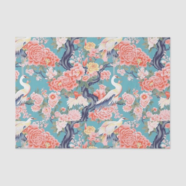 Papel De Seda Chinoiserie Teal Floral Egret (Frente )