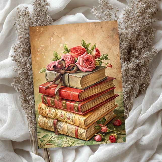 Papel De Seda Chique de aquarelas rosas vermelhas livros antigos (Watercolor shabby chic vintage red roses old books tissue paper)