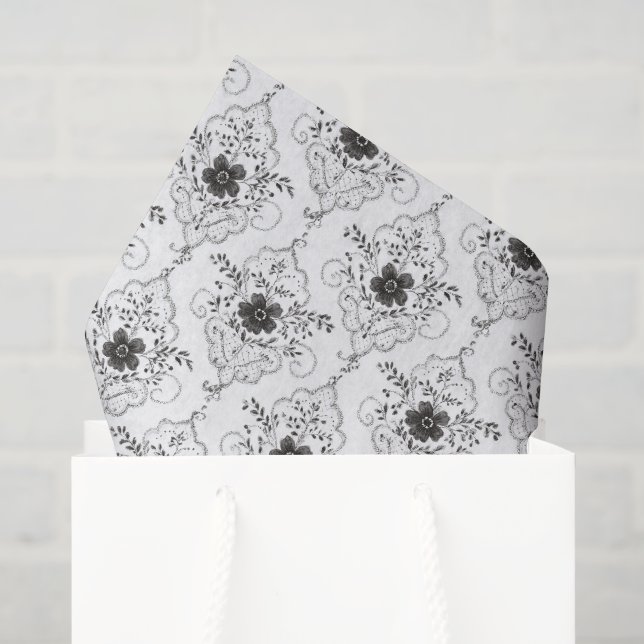Papel De Seda Chique Flores de Renda Falsa Preta e Branca para C (Sacola de presentes)