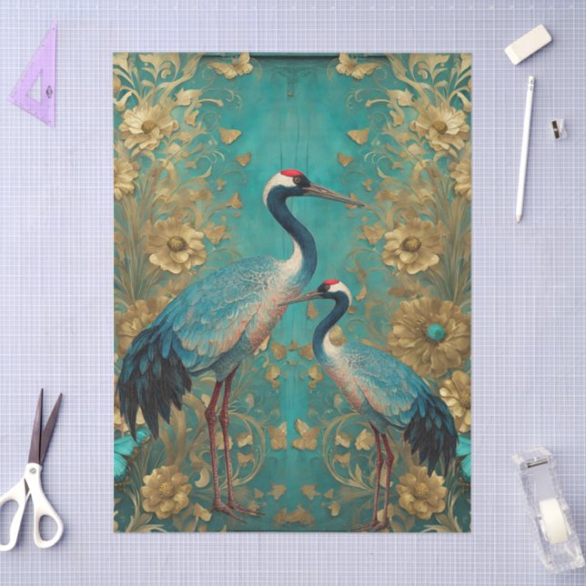 Papel De Seda Chique Teal Floral Crane Artesanato (Arte )