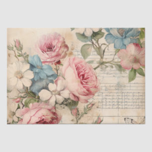 Papel De Seda Chique Vintage Rosas Rosa Azul Floral Branco