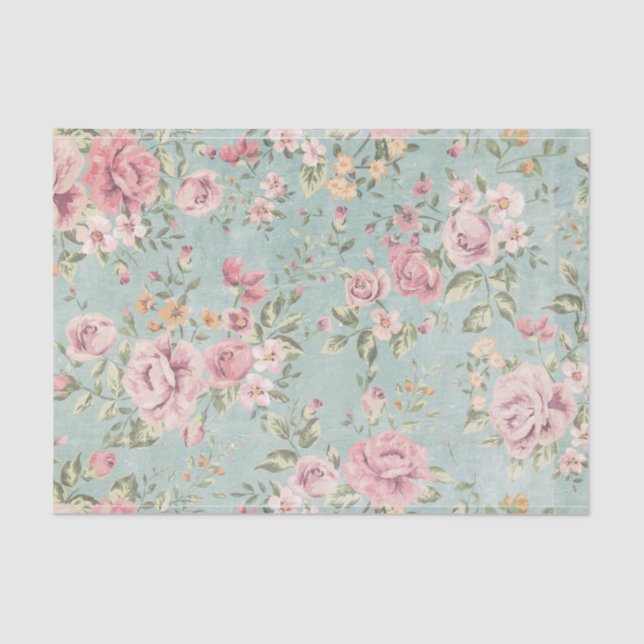 Papel De Seda Chique vitoriano pálido azul-floral vermelho (Frente )