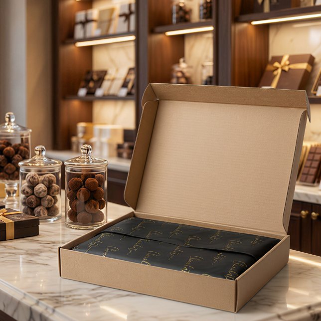 Papel De Seda Chocolatier Elegante Código Qr Script Dourado Pret (Criador carregado)