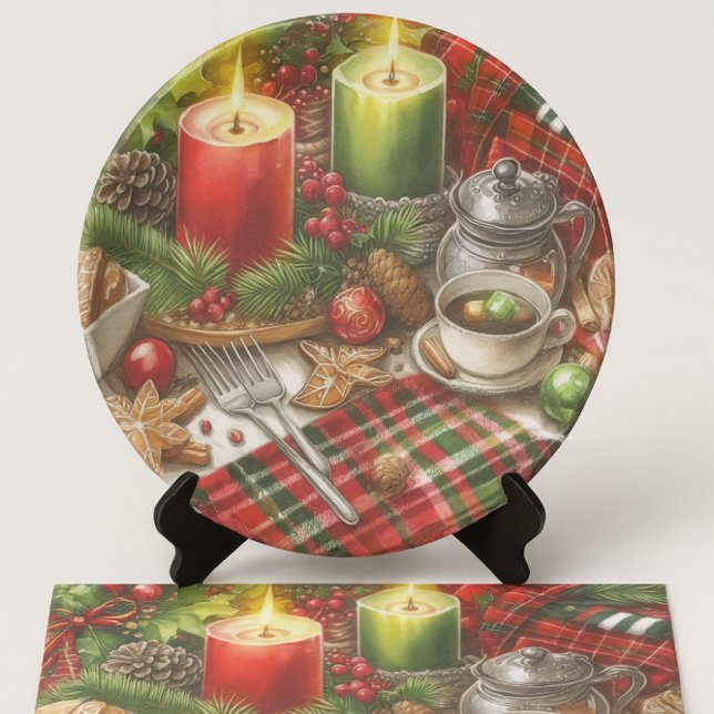 Papel De Seda Christmas Red & Green Candlelight with Cookies (Decoupage Christmas Plate made from holiday designed tissue paper)