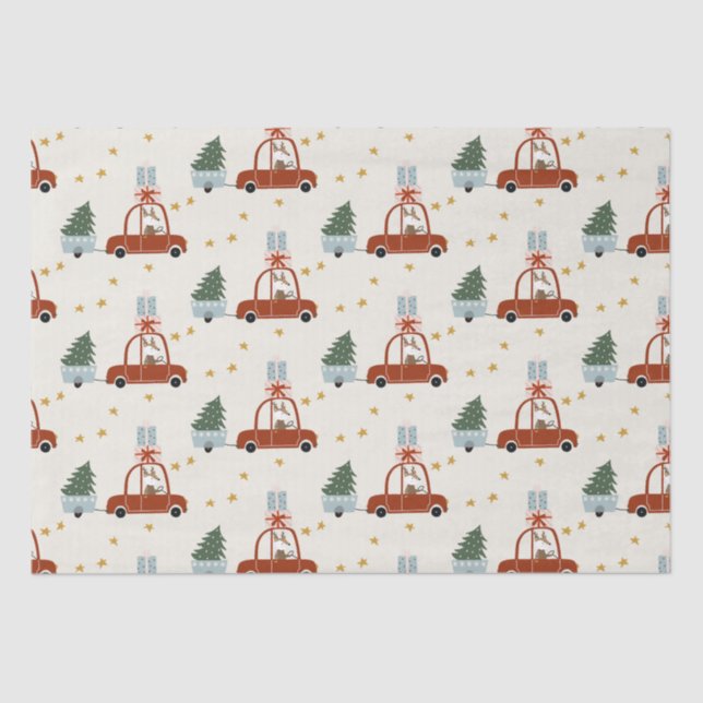 Papel De Seda Christmas Tree Red Car Illustration  (Frente )