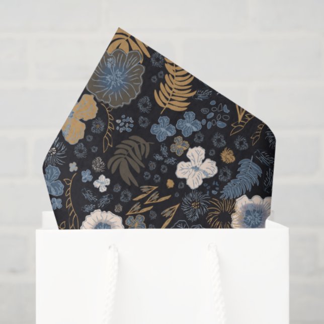 Papel De Seda Christmas Tropical Coastal Blue Hibiscus Floral  (Sacola de presentes)