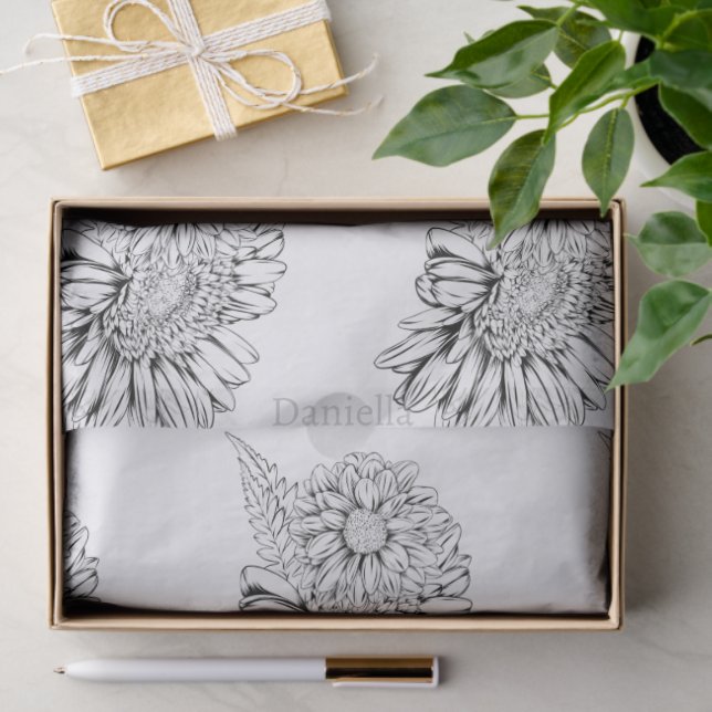 Papel De Seda Chrysanthemum Black Line Drawing with Your Name  (Presente)