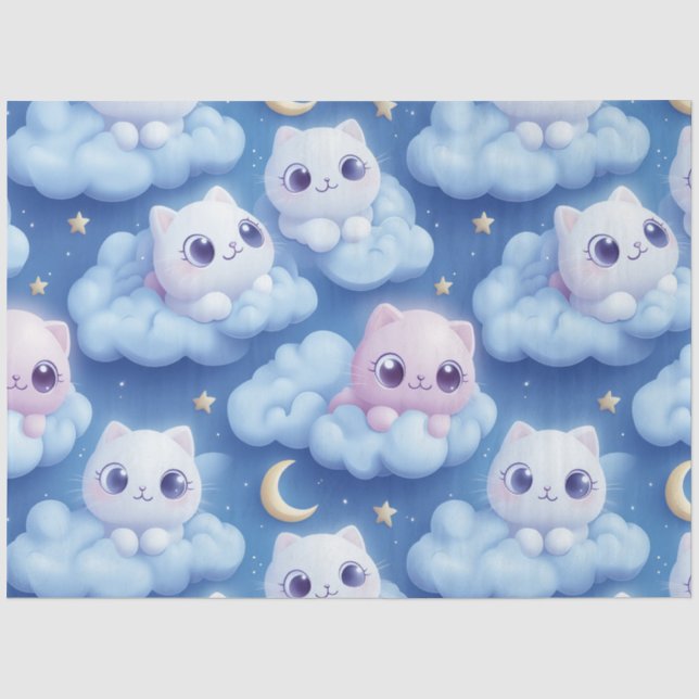Papel De Seda "Chubby Kawaii Cats and Clouds 3D Padrão Invisível (Frente )