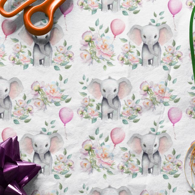 Papel De Seda Chuva de Bebê Elefante com Peônias e Balão (Fill your favor boxes or gift bags with this adorable tissue paper that matches this shower theme.)