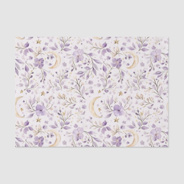 Papel De Seda Chuva de Bebê Floral Luas e Estrelas Branco Roxo (Frente )