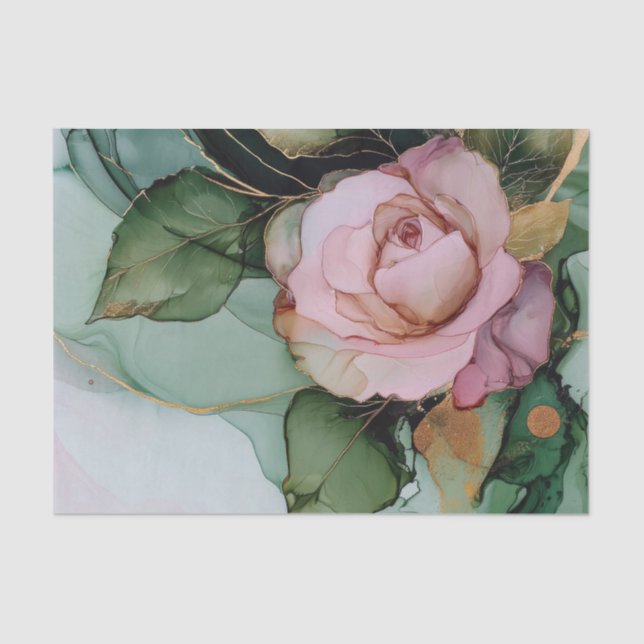 Papel De Seda Chuva de Bebê Floral Rosa Romântico Branco Dourado (Frente )