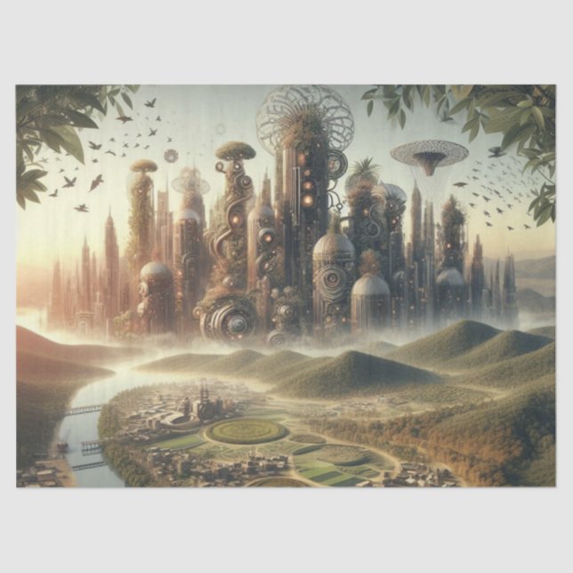 Papel De Seda Cidade Fantástica de Steampunk Garden (Frente )