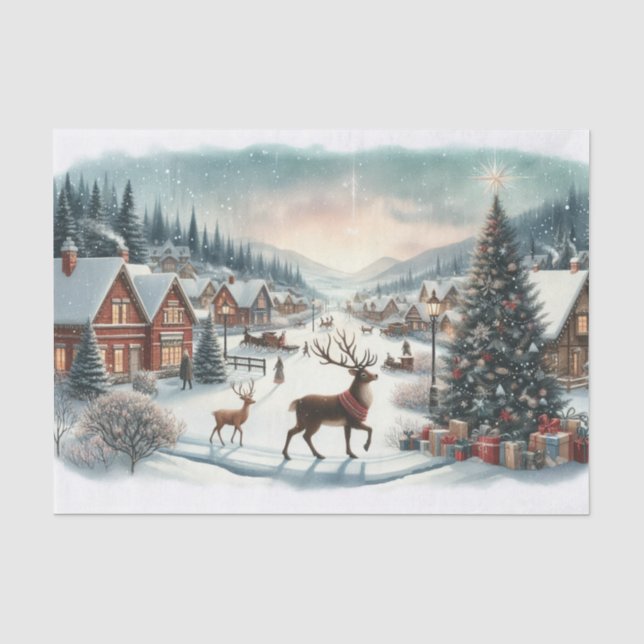 Papel De Seda Cidade Natalina Nevada com Veados (Frente )