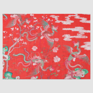 Papel De Seda Cinco Fenix em Jardim Chino Floral Vermelho