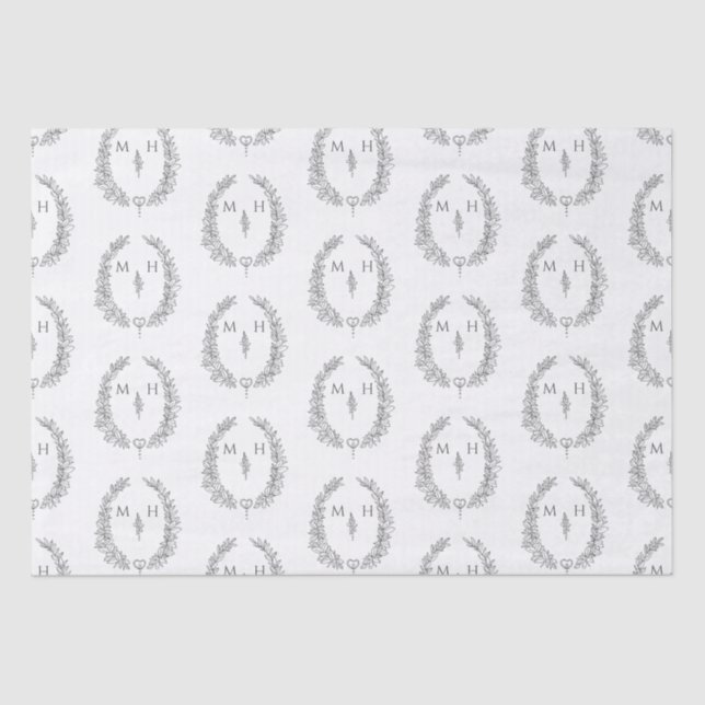 Papel De Seda Cinza de desenho de monograma oval folha em casame (Frente )