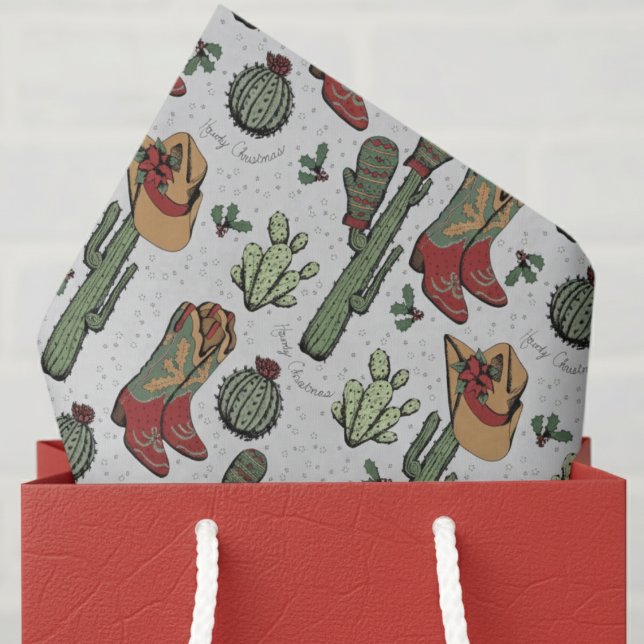 Papel De Seda Cinza de Natal do Country Cowboy Howdy (Elegant Light Gray Howdy Christmas Western Cowboy Ivory Tissue Paper. Cowgirl Boots & Cactus Pattern)