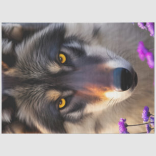 Papel De Seda Cinza Wolf Stare e flores roxas