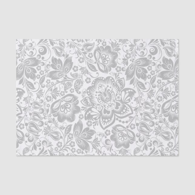 Papel De Seda Cinzas E Damascos Florais Brancos (Frente )